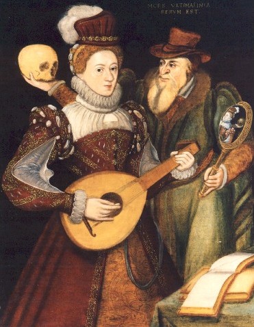 old illustration shows woman in elizabethan attir with lute, man profering skull