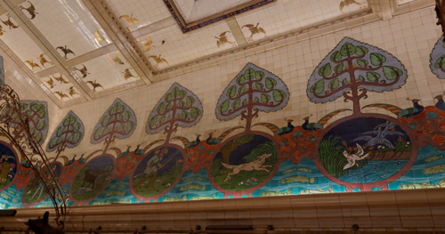 view of ceiling of hall with glazed tiles and murals