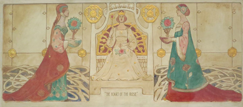 painting on plaster of woman seated on throne flanked by maidens bearing roses, delicate shades