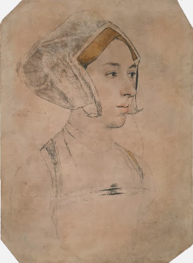Tudor woman sketched in half-profile, with french hood, possibly Anne Boleyn