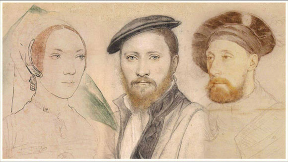 trio of Tudor faces by Holbein, drawings with a little colour