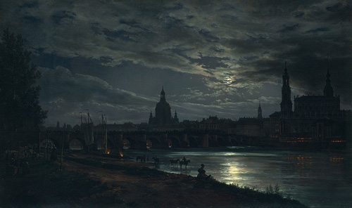 nocturnal scene of city and river with moonlight peeping between clouds