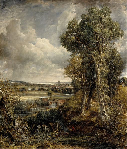 old painting by English master showing landscape with trees and valley