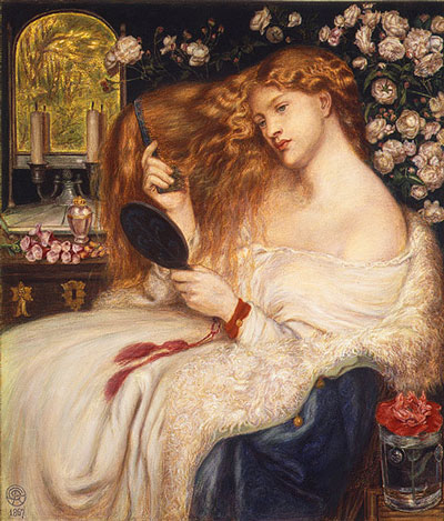 painting of woman seated combing red hair, with mirror