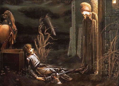 dark landscape with reclining knight and angel at a doorway
