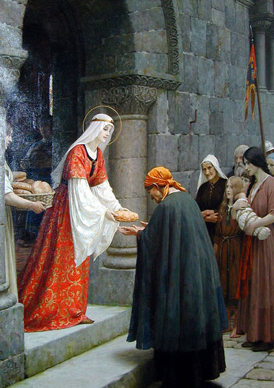 painting of saintly woman giving alms to poor outside of convent
