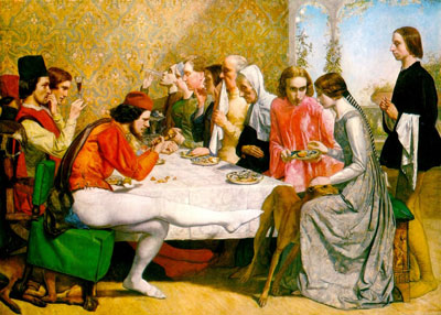 pre-raphaelite painting of dinner group in Renaissance clothing