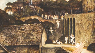 painting close up of cupids tumbling down hill