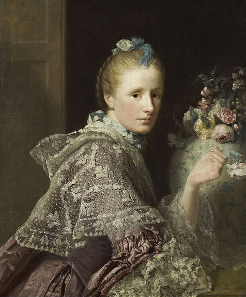 young woman in lace shawl, Georgian-era fashion, side aspect, head turning