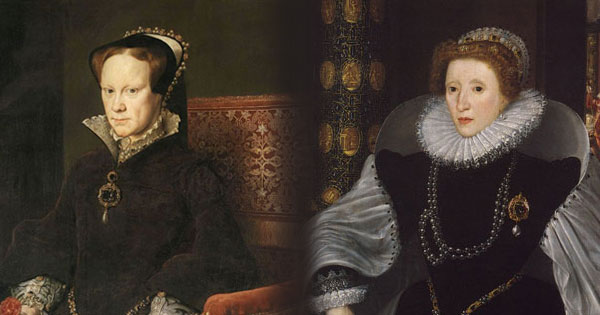 portrait of Tudor royal lady, Mary I, seated in dark setting