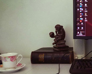 cup of tea and dictionary, with small monkey sculpture