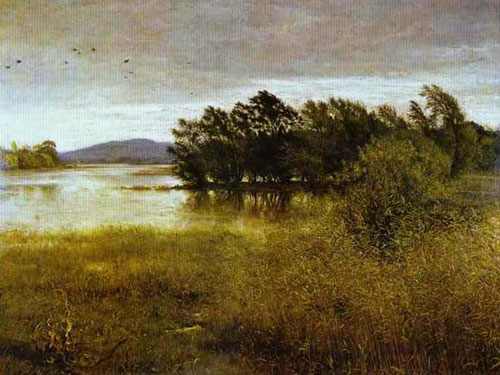 landscape painting, marshy ground with trees