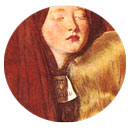 small, circular  image of female face, red hair, eyes closed