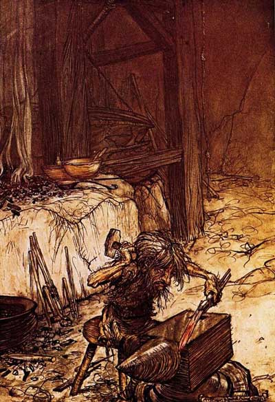 illustration of dwarf hamering at an anvil, brown colour overall