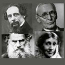 4 small photos of famous novelists, Dickens, Woolf, Hesse and Tolstoy