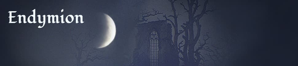 nocturnal, moonlit landscape with crescent moon and old Gothic ruin