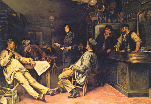 painting of busy tavern interior with young woman preaching