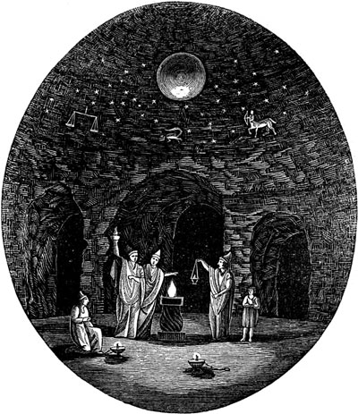illustration, black and white, of interior of cave with figures, ceremonial