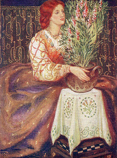 small illustration shows lady with a pot of herbs flowering, red hair, long dress