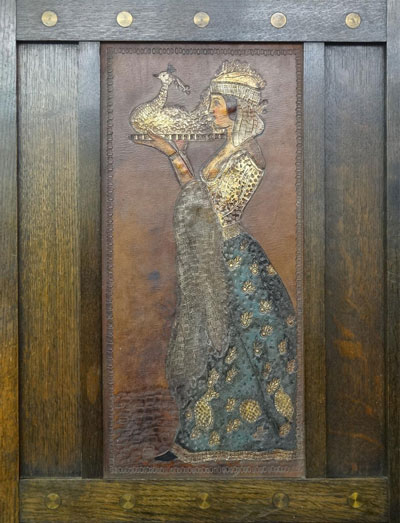 inlay image of woman in long robes included in panel from an ornamental screen