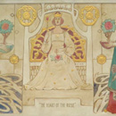 a frieze or mural of delicate pastal tones, showing woman seated flanked by rose-baring maidens