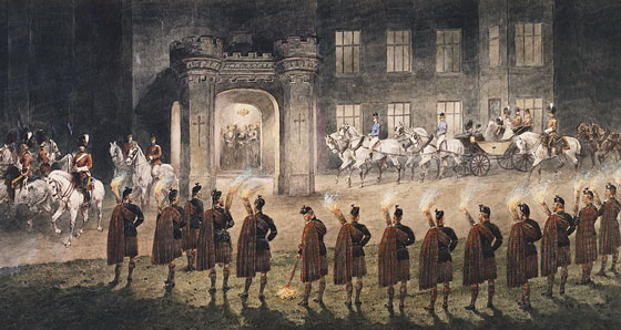 night time, torch let procession arriving at portico of great house - Balmoral