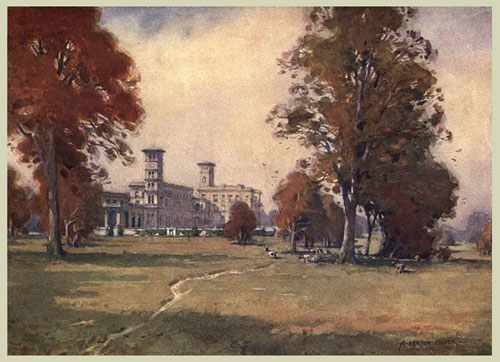 old painting showing grand Italianate style house in park landscape