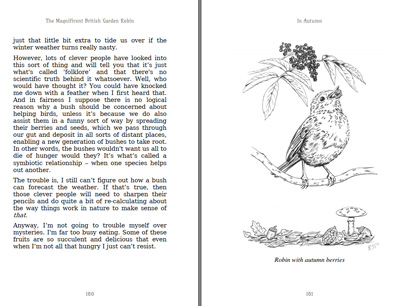 screen shot of open pages of a book with illustration of robin with berry to right