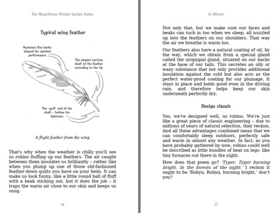 open pages of a book with illustration of a feather on left