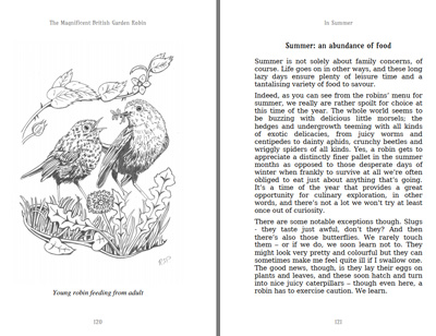 open pages of a book with illustration of birds feeding young to left side 