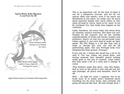 open pages of a book with illustration of migration movements of European robins