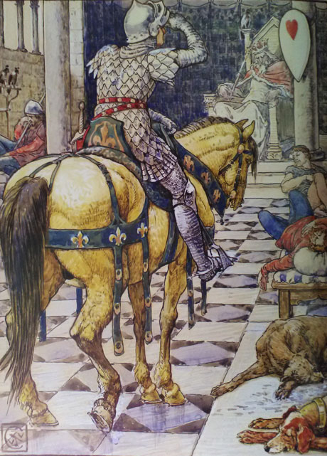 watercolour illustration of mounted knight entering a great hall