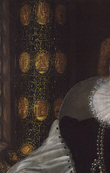 close up from painting shows a decorative pillar with oval scenes from mythology