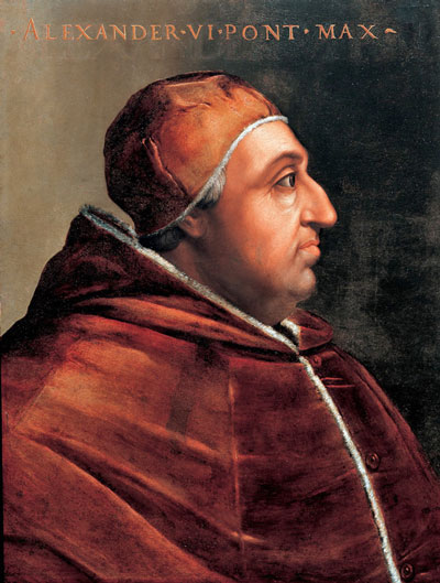 portrait of Renaissance-era pope in profile, red clothing and cap