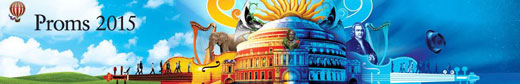 colourful banner advert for the Prom season, shows Albert Hall