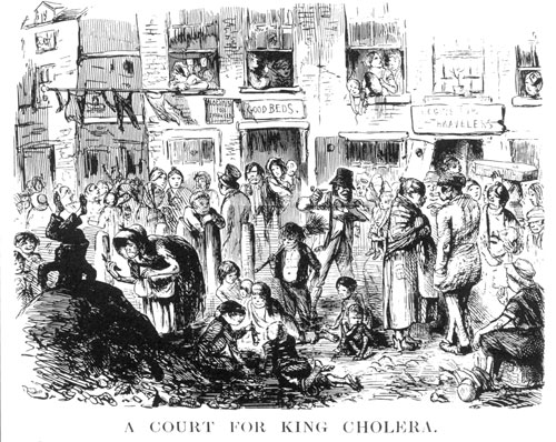 victorian-era sketch showing squalid and overcrowded conditions in city