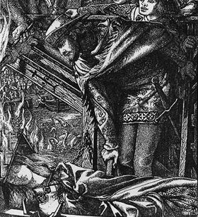 black and white wood engraving of knight looking over body of lady in a boat