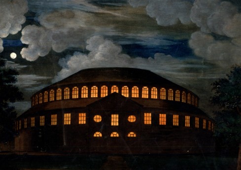 nocturnal painting of circular building with dark sky, illuminated within