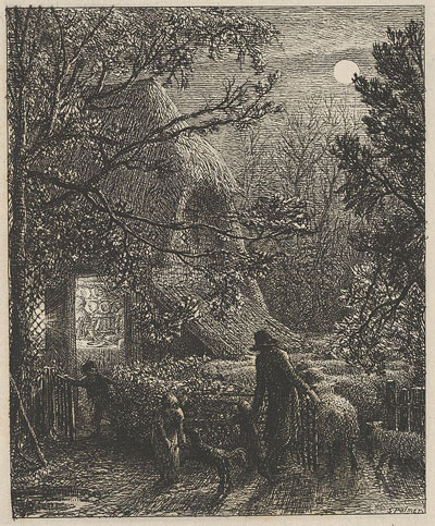 black and white etching of farm yard, with trees and high full moon