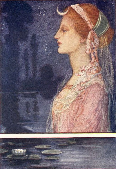 profile of woman with red hair and small crescent moon above hair, dark skies with stars