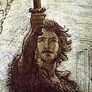 drawing of head and shoulders man holding sword aloft