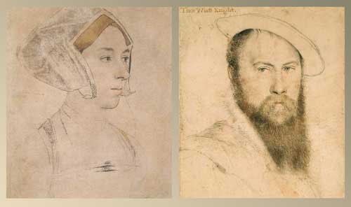 side-by-side montage of two sketches by Holbein, of a man and a woman