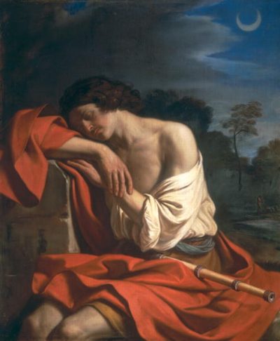 classical painting shows Endymion sleeping, head resting in hands, rocky landscape with moon
