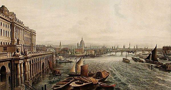 old painting showing river Thames and Somerset House on embankment