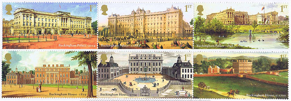 images of stamps depicting the changing aspects of Buckingham Palace 