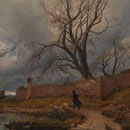 detail from old painting shows man walking in a stormy landscape