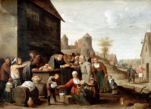 old painting depicting 17th century Dutch village with numerous people busy