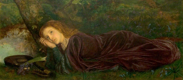 painting of young woman reclining in pastarol setting, with period clothing