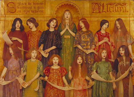 painting of choir, numerous young women singing with gold background