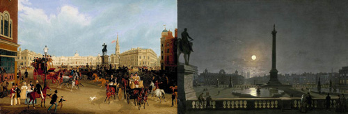 double image showing changes in London area of Trafalgar Square in Victorian times